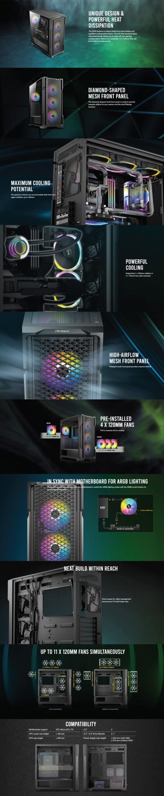 Gabinete Gamer Antec AX90 Mid Tower, 4 Vent. ARGB Incluídos, ARGB Hub, ATX 12 AX90 JPG1 scaled
