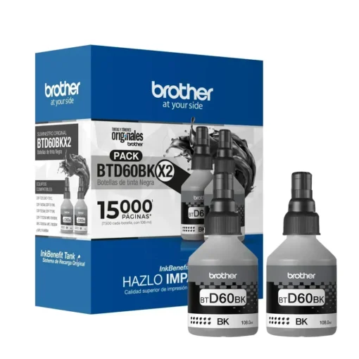 Brother Pack De Botellas De Tinta Btd60Bk (2 Unidades, Hasta 15K Págs, Negro BTD602PKMEX