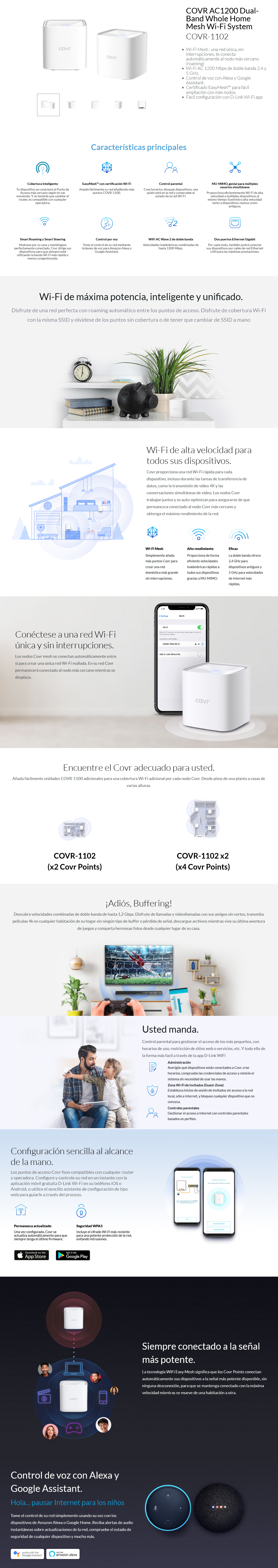 Sistema Wifi Mesh D-Link AC1200 Doble Banda 2.4 y 5 GHz 10 COVR 1102 Descripcion