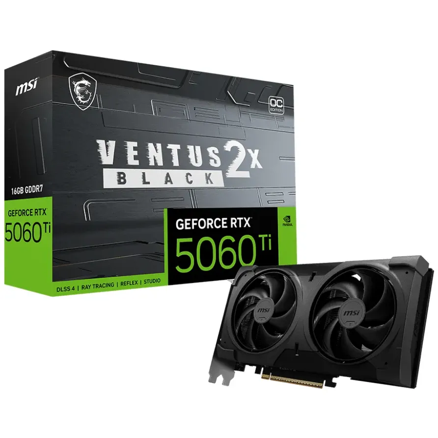 Tarjeta Gráfica MSI GeForce RTX 5060 Ti Ventus 2X OC BLACK PLUS 16GB GDDR7 (MPN G506T16V2CBP, Tarjetas gráficas para PC) img-1