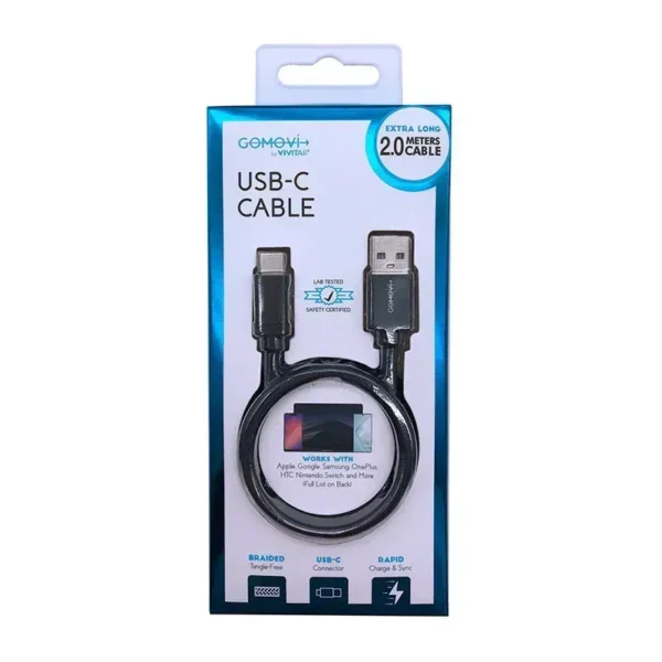 Vivitar Cable Usb-A A Usb-C, Trenzado, Largo 2 Metros, Negro MOV4012-BLK-ITM-12 img-1